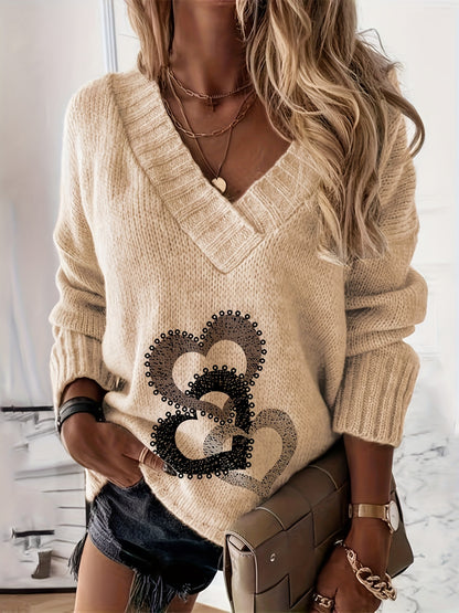 Suéter cómodo con estampado de corazón y cuello en V – Jersey de punto suave para otoño/invierno