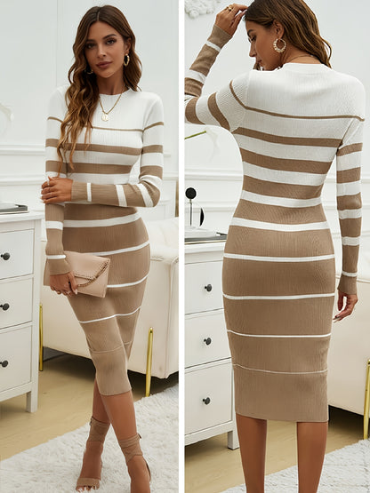 Striped Knit Sweater Dress – Long Sleeve Color Block Midi Dress