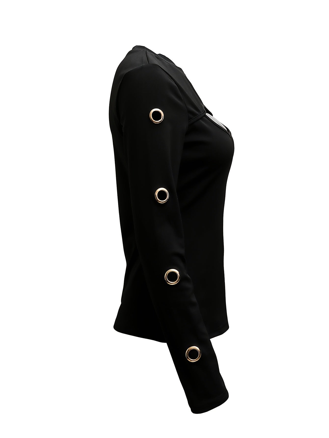 Elegante top negro de manga larga – Camiseta de cuello redondo con botones dorados