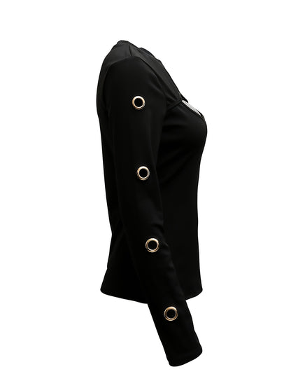 Elegante top negro de manga larga – Camiseta de cuello redondo con botones dorados