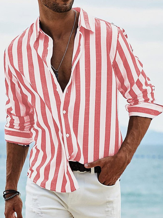 Camisa Casual Rayada para Hombre – Manga Larga Estilo Británico de Ajuste Holgado