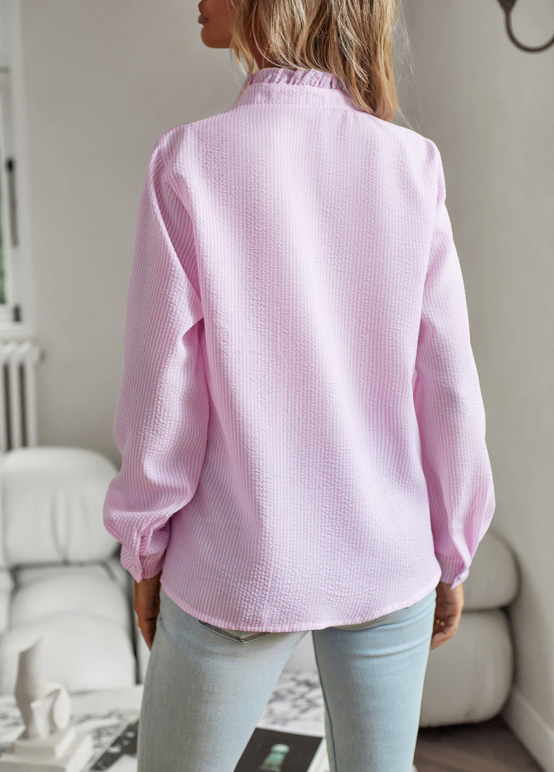 Blusa con botones, volantes y rayas Loom & Soul™ – Elegante camisa de oficina y casual de manga larga para mujer
