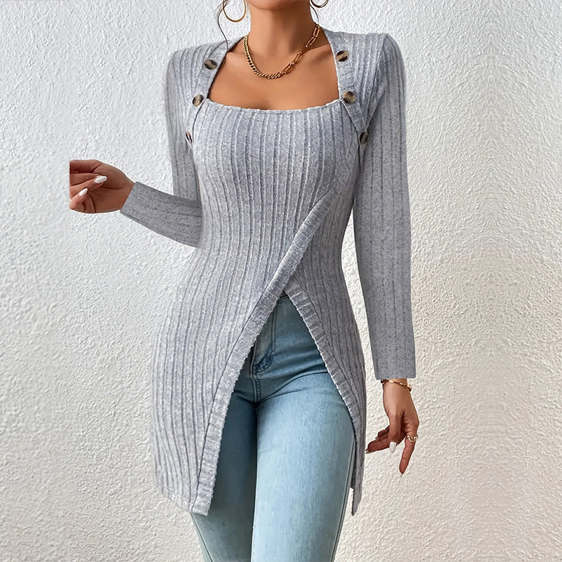 Jersey de punto elegante con abertura, hombros descubiertos y escote cuadrado para mujer