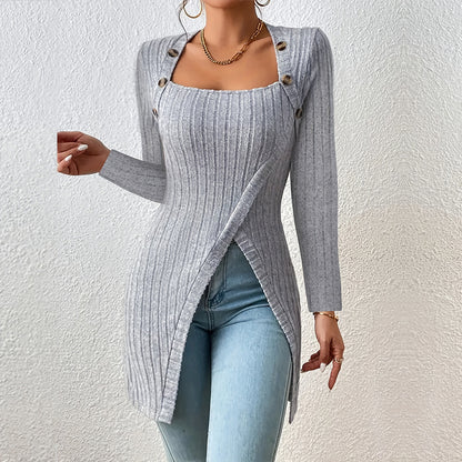 Jersey de punto elegante con abertura, hombros descubiertos y escote cuadrado para mujer
