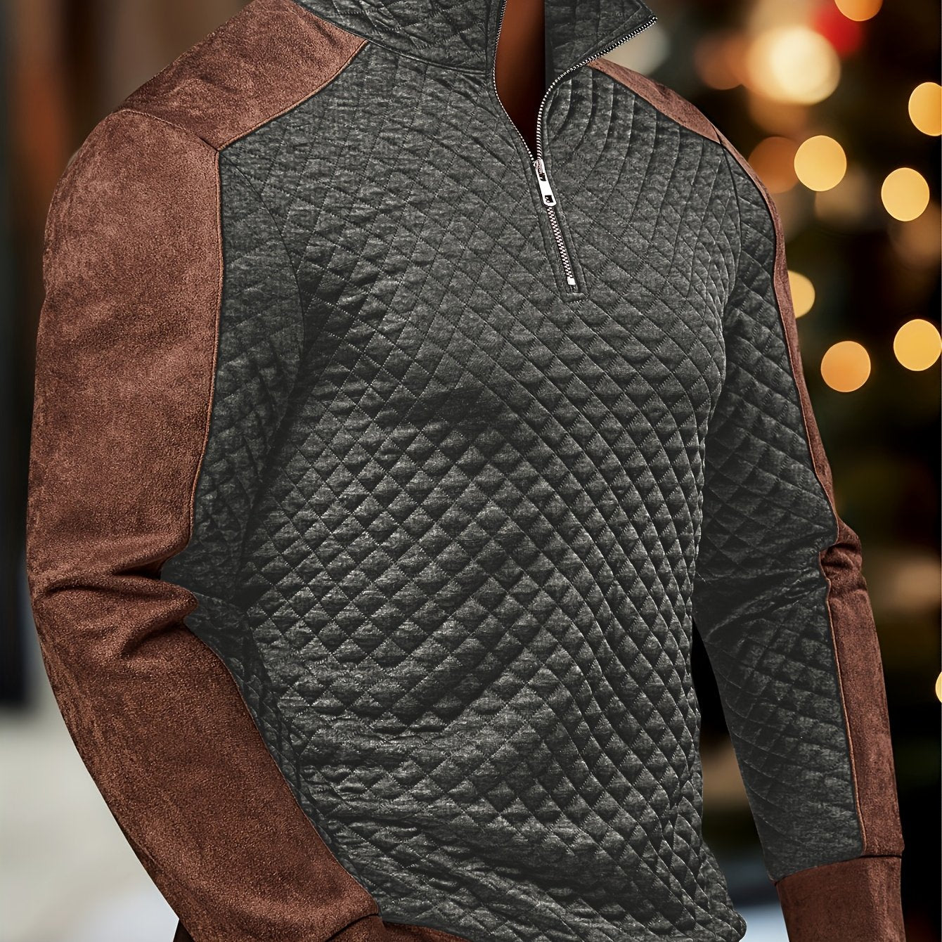 Henley de punto de rombos con cremallera para hombre – Suéter con bloques de color texturizado