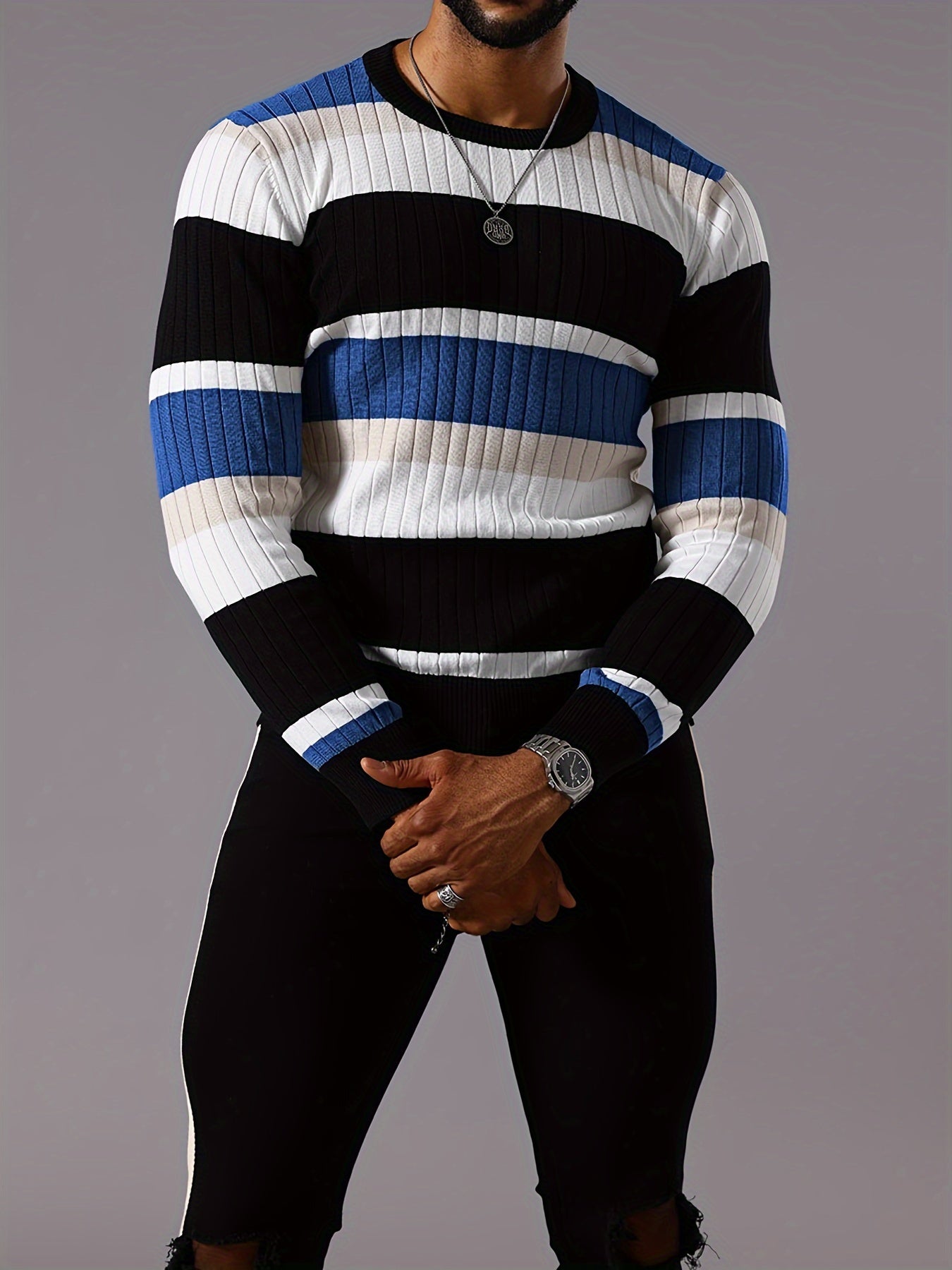 Pull rayé en tricot côtelé pour homme – Pull Color Block Automne Hiver