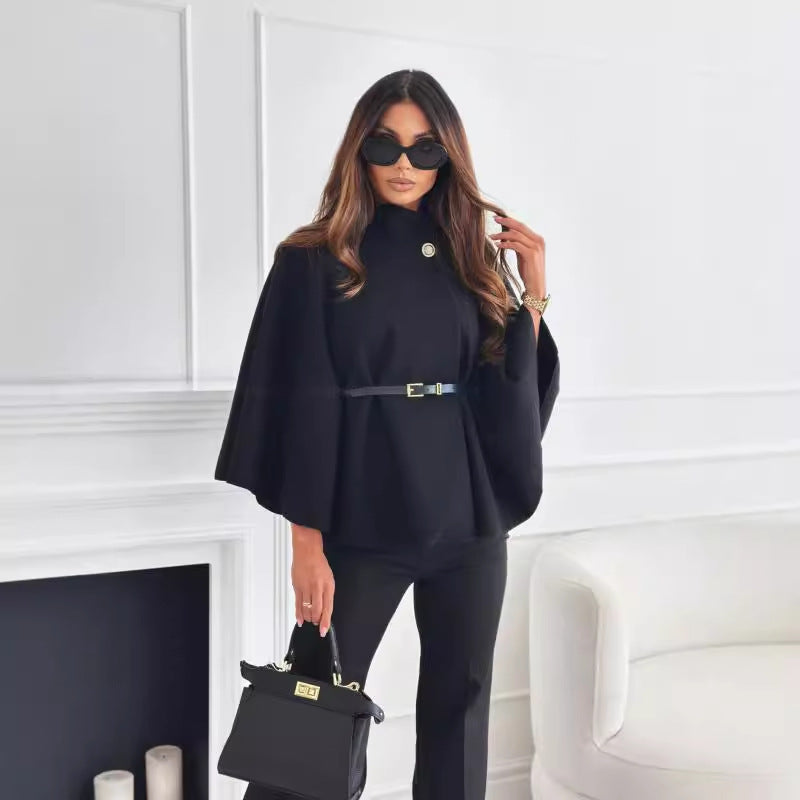 Haut cape chauve-souris Loom & Soul – Veste ceinturée en laine à col montant pour femme
