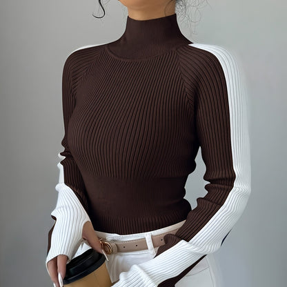Suéter de cuello alto color block para mujer - Blusa elegante de punto suave