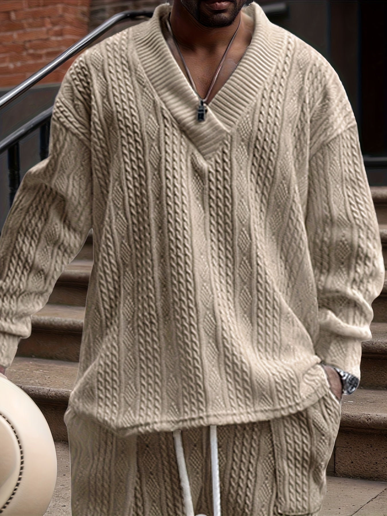 Suéter de punto con cuello en V para hombre – Jersey casual de jacquard acanalado