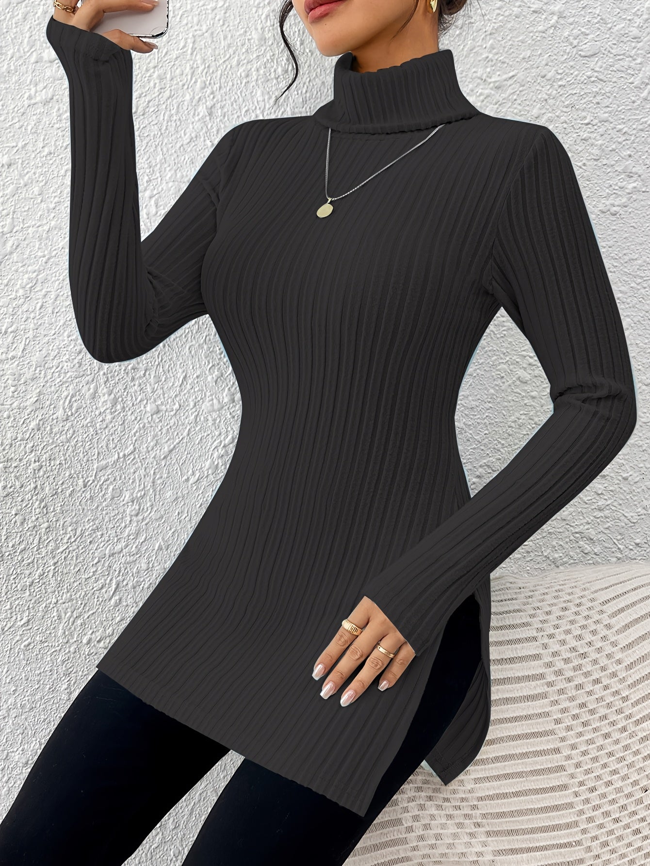Top de cuello alto elegante para mujer – Tejido suave de manga larga y cuello alto