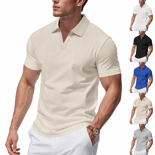 Men’s Waffle Knit Polo Shirt – Summer V-Neck Short Sleeve Casual