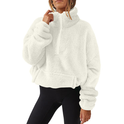Pull en velours polaire demi-zip pour femme – Col montant, chandail d'hiver