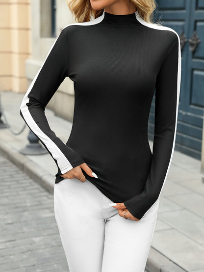 Top de cuello alto entallado para mujer con patchwork – Tejido elegante para todas las estaciones