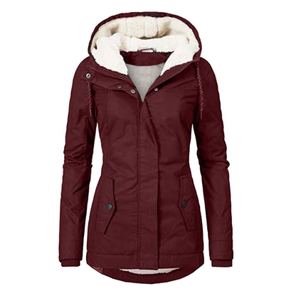 Chaqueta con capucha de vellón acogedor Loom & Soul™ – Abrigo de invierno cálido con cremallera para mujer, con bolsillos y forro de piel sintética