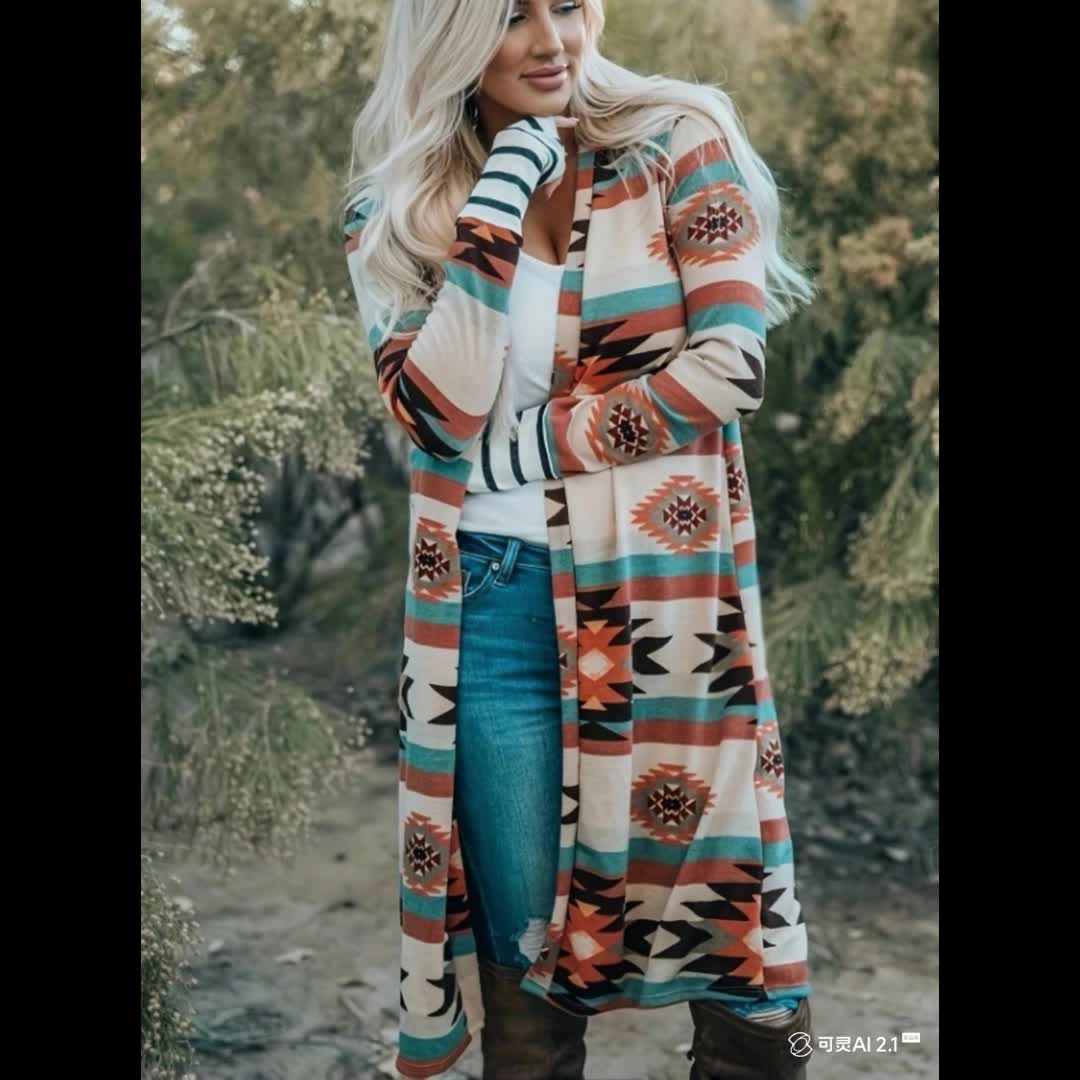 Cárdigan con estampado azteca del suroeste – Chaqueta de punto turquesa y roja para mujer
