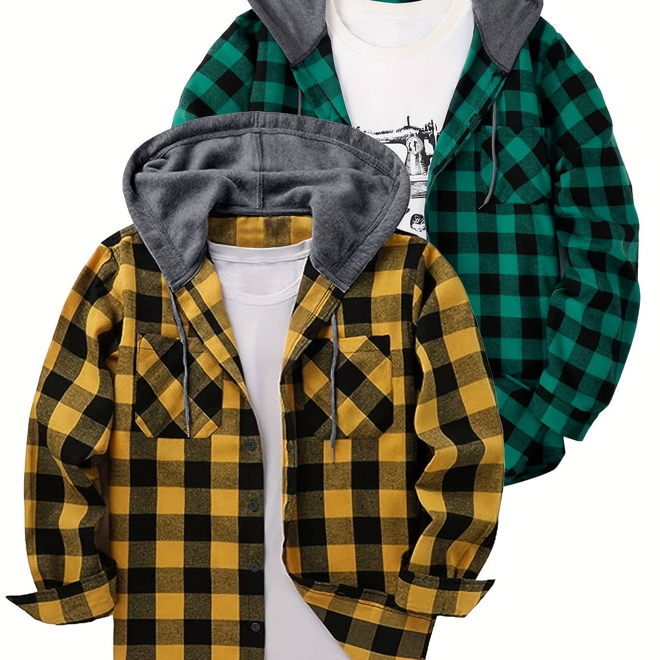 Camisas a cuadros con capucha para hombre, 2 piezas – Conjunto de chaqueta tipo suéter con botones
