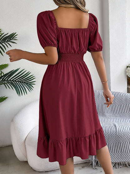 Vestido maxi de línea A con cuello cuadrado y mangas abullonadas – Elegante para primavera y verano