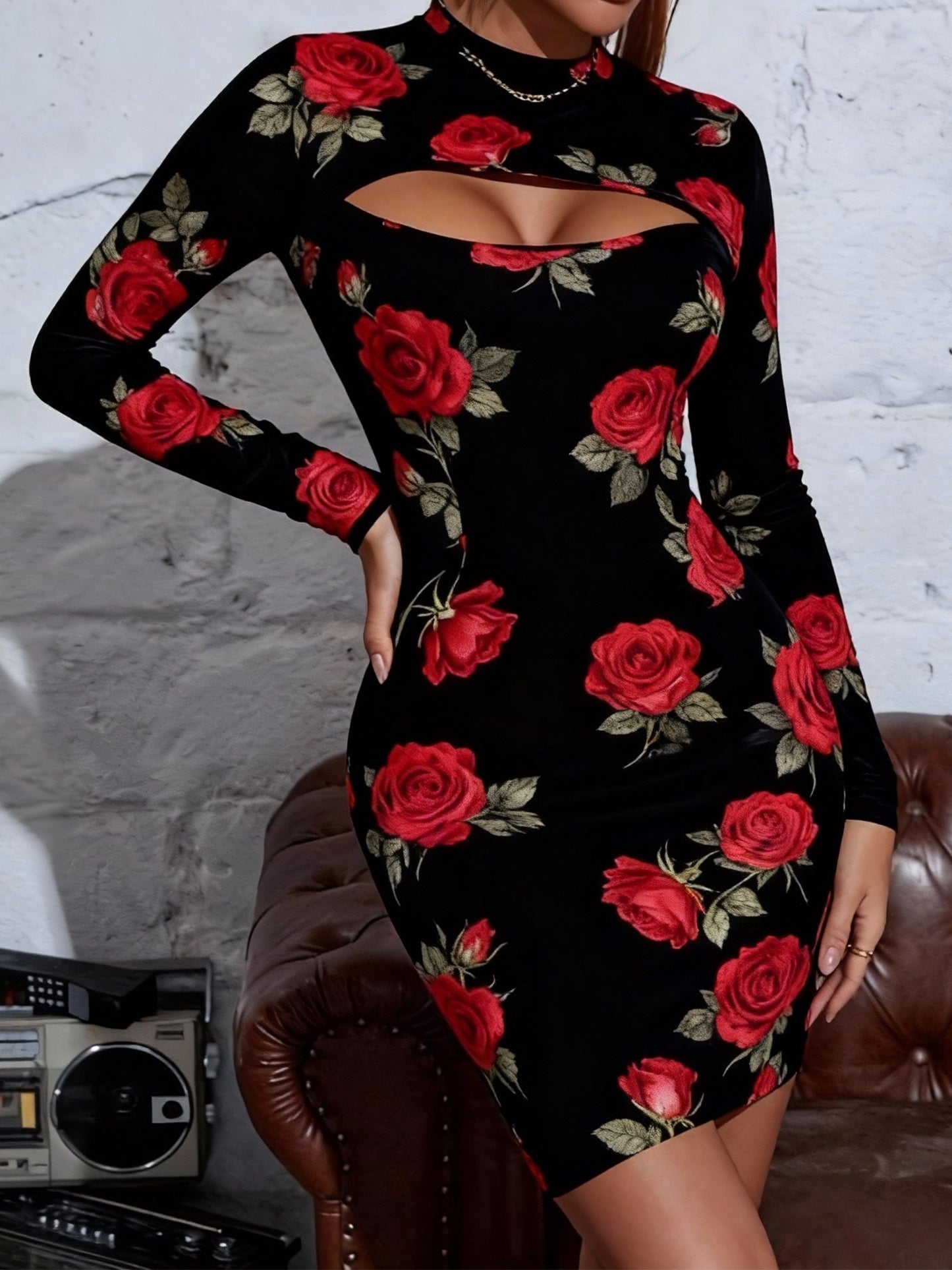Rose Print Bodycon Midi Dress – Elegant Hollow Out Slim Fit Dress