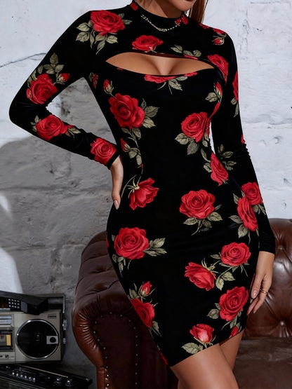 Rose Print Bodycon Midi Dress – Elegant Hollow Out Slim Fit Dress