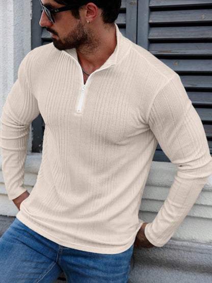 Sudadera con capucha de punto acanalado para hombre con cuello alto – Sudadera gruesa ajustada