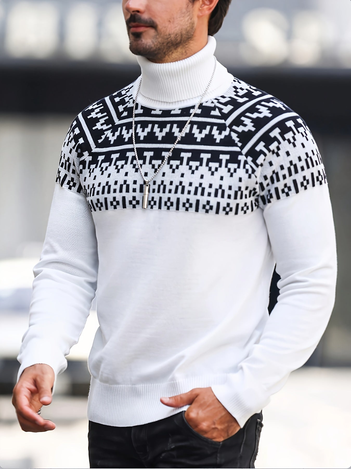 Men’s Geometric Turtleneck Sweater – Casual Knit Pullover for Fall & Winter