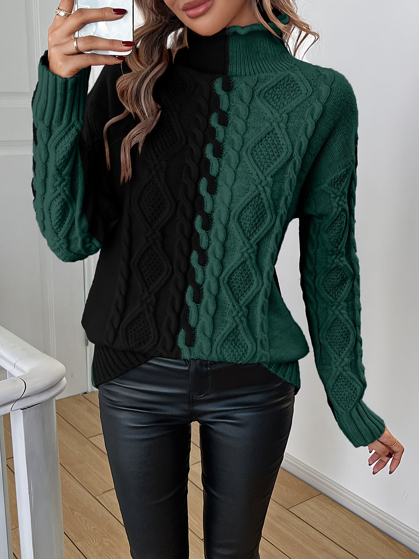 Blusa Elegante de Rayas con Cuello Alto – Top de Manga Larga de Punto Color Block