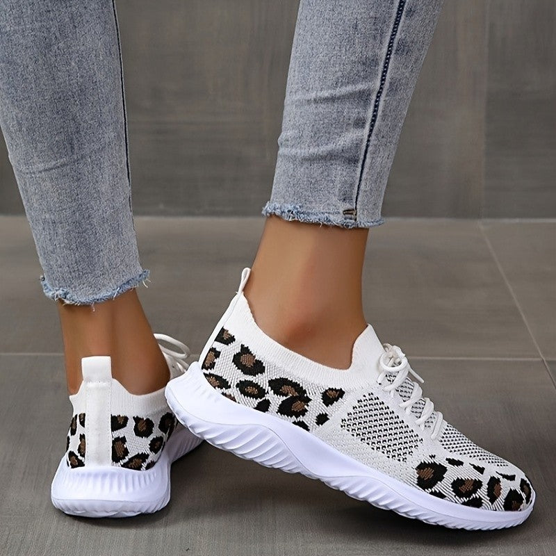 Zapatillas con cordones con estampado de leopardo de Loom & Soul – Zapatillas deportivas blancas casuales de mujer con puntera redonda