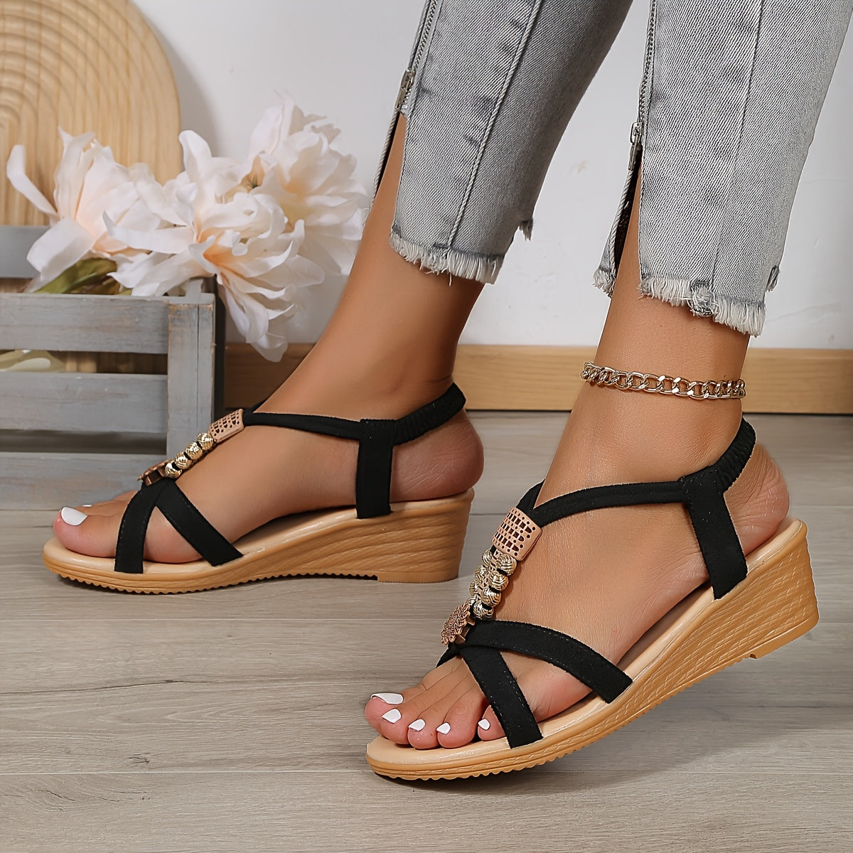 Sandalias bohemias de cuña con cuentas – Zapatos de plataforma de verano con punta abierta