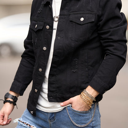 Chaqueta de mezclilla negra de corte ajustado para hombre – Estilo Moto con bolsillos
