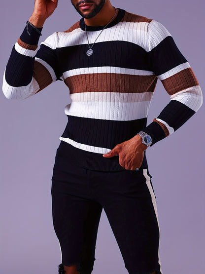 Pull rayé en tricot côtelé pour homme – Pull Color Block Automne Hiver