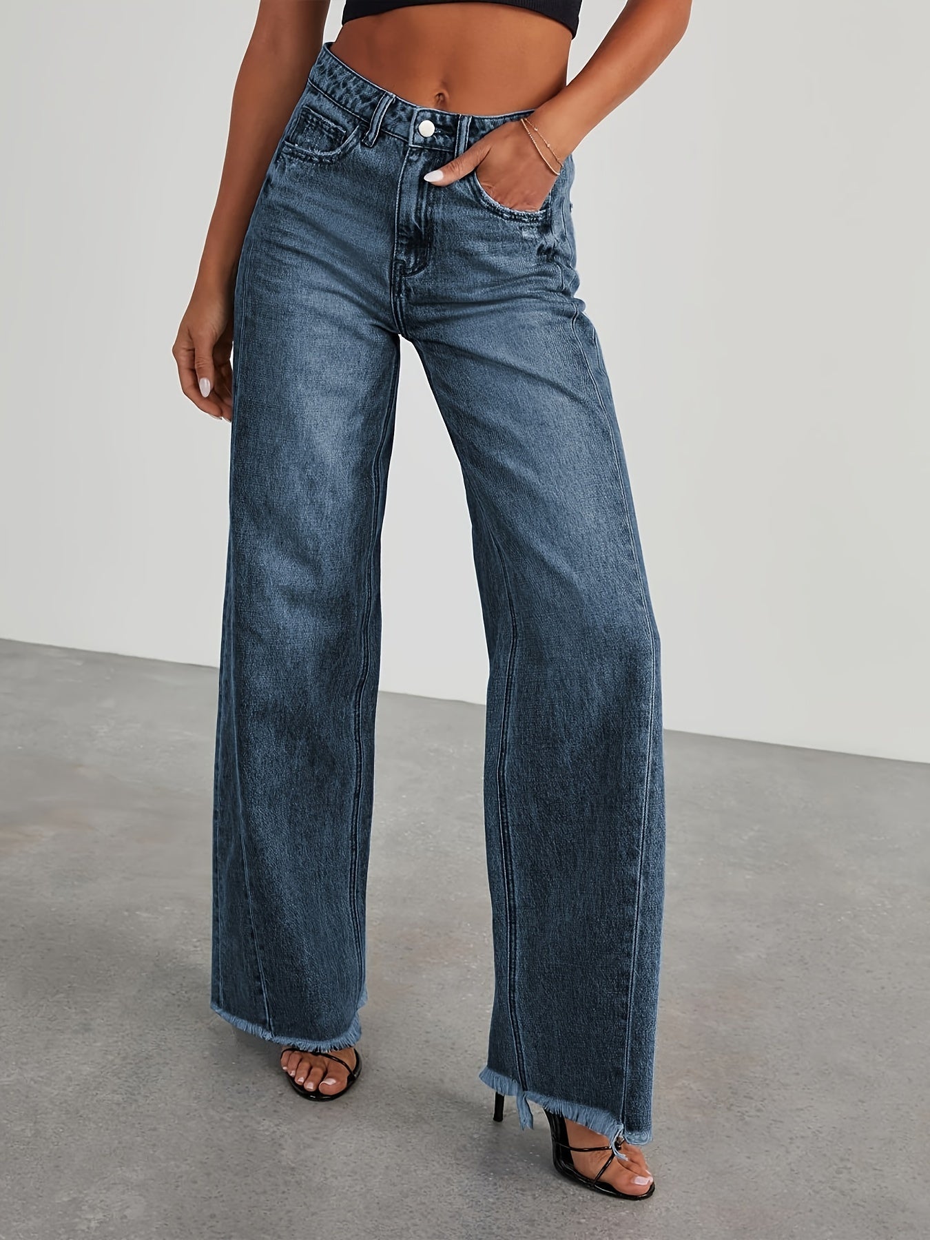 Pantalones vaqueros de mujer de talle alto y pernera ancha – Vaqueros elásticos informales holgados