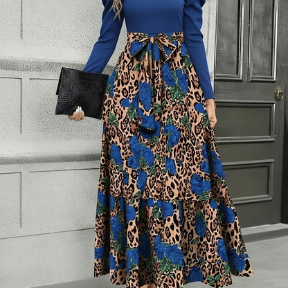 Vestido con estampado de leopardo y retazos con lazo en la cintura – Vestido entallado de manga larga elegante