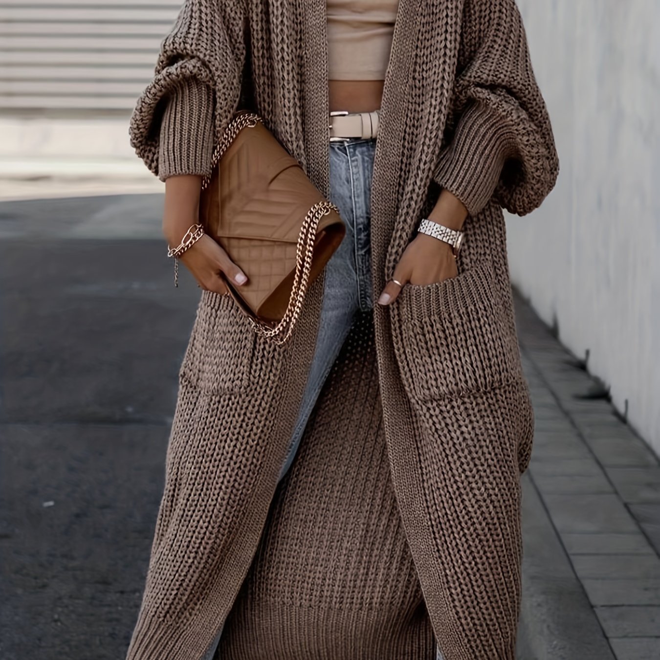 Elegante cárdigan acanalado con cuello en V profundo – Suéter de punto de otoño/invierno para mujer