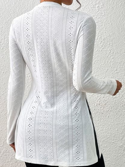 Elegante Top de Manga Larga con Bajo Hendido – Camiseta de Ojal de Cuello Redondo