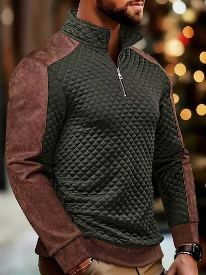 Henley de punto de rombos con cremallera para hombre – Suéter con bloques de color texturizado