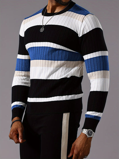 Pull rayé en tricot côtelé pour homme – Pull Color Block Automne Hiver