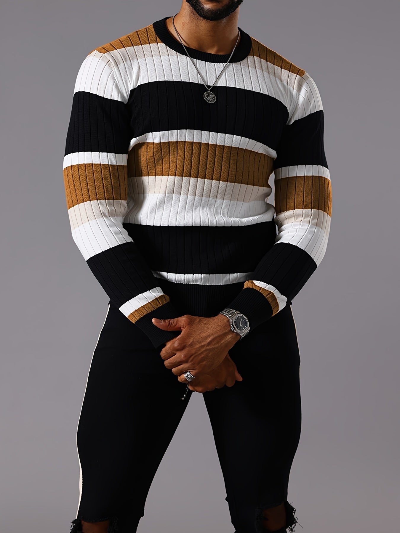 Pull rayé en tricot côtelé pour homme – Pull Color Block Automne Hiver