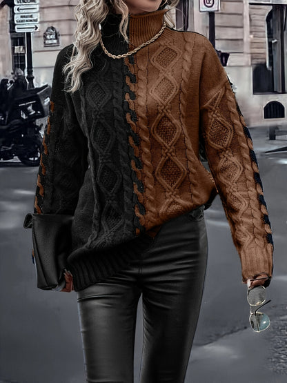 Blusa Elegante de Rayas con Cuello Alto – Top de Manga Larga de Punto Color Block