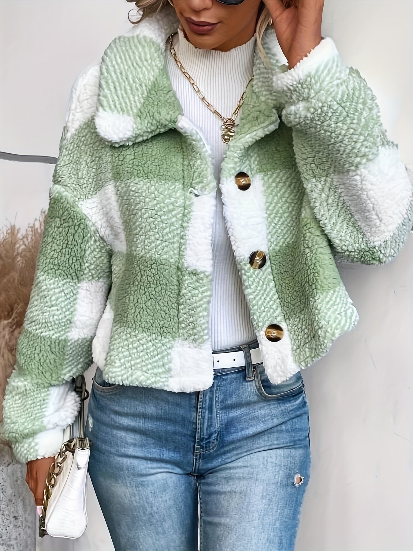 Abrigo de cuadros de borreguito para mujer – Abrigo de invierno cálido de manga larga con botones