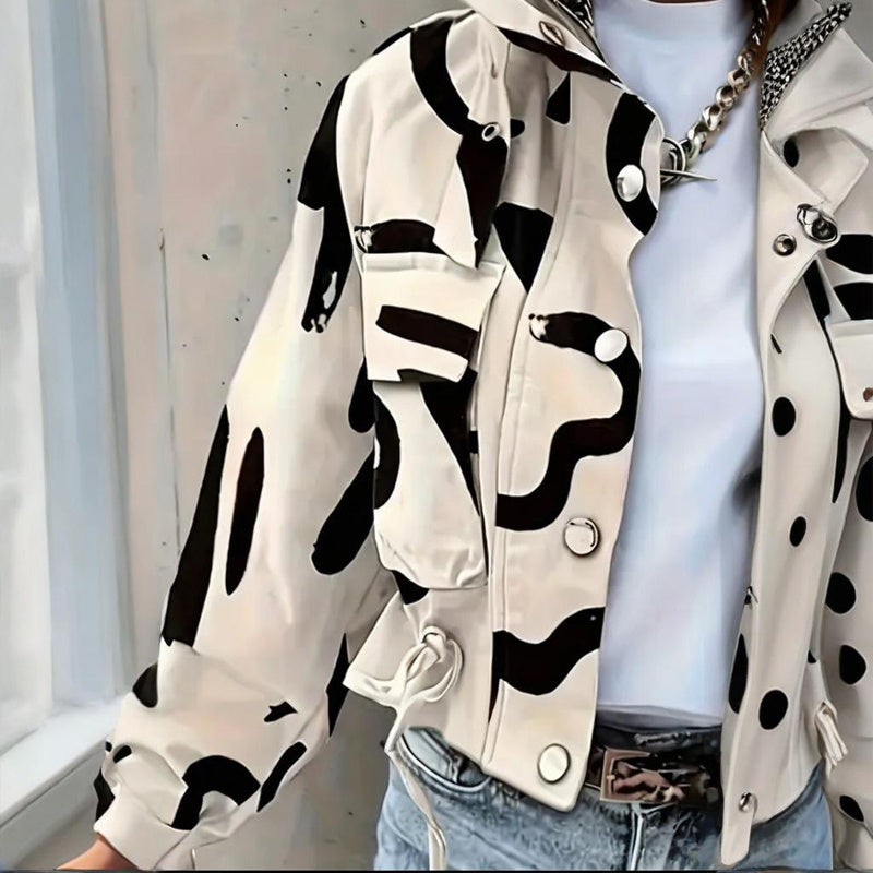 Chaqueta Corta Casual para Mujer con Cuello Alto, Botones y Cremallera