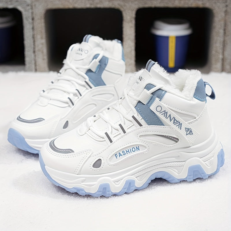 Botas de Nieve de Vellón Acogedoras para Mujer – Zapatos de Invierno Blancos y Azules con Suela Gruesa Antideslizante