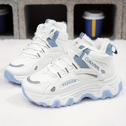 Botas de Nieve de Vellón Acogedoras para Mujer – Zapatos de Invierno Blancos y Azules con Suela Gruesa Antideslizante
