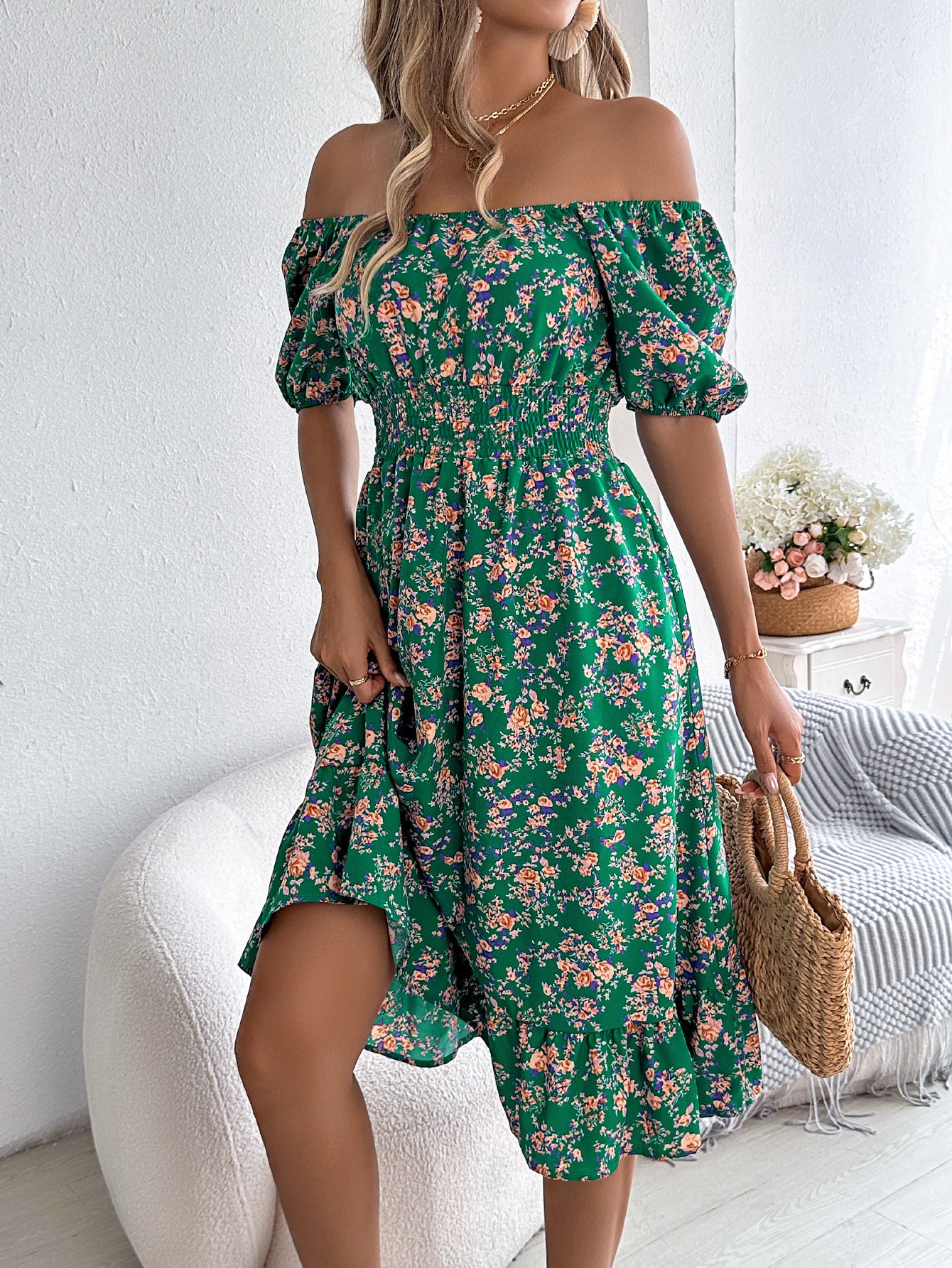 Loom & Soul™ Vestido Floral con Volantes – Vestido de Verano de Manga Corta con Cuello Cuadrado para Mujer