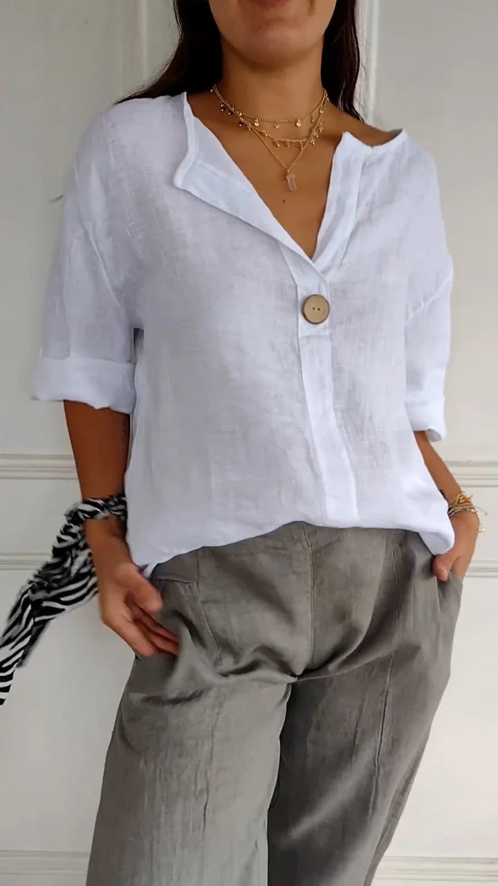 Loom & Soul™ Top de botones con cuello en V de algodón y lino para mujer – Blusa suelta de manga larga