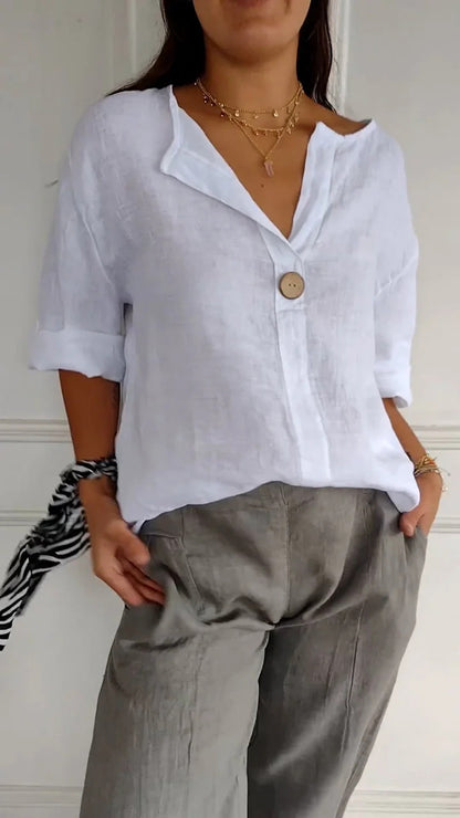 Loom & Soul™ Top de botones con cuello en V de algodón y lino para mujer – Blusa suelta de manga larga