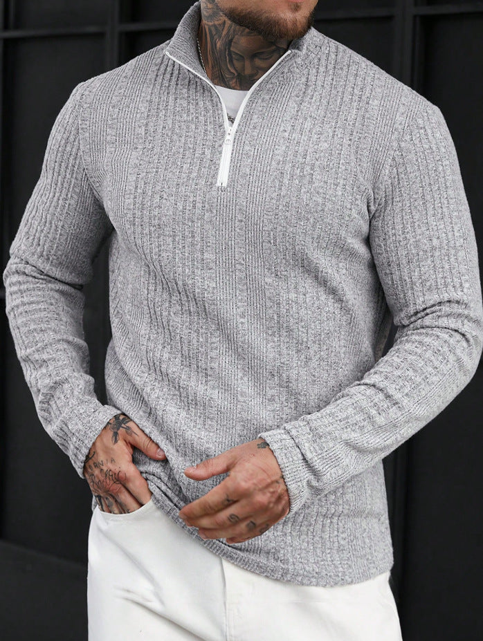 Sudadera con capucha de punto acanalado para hombre con cuello alto – Sudadera gruesa ajustada