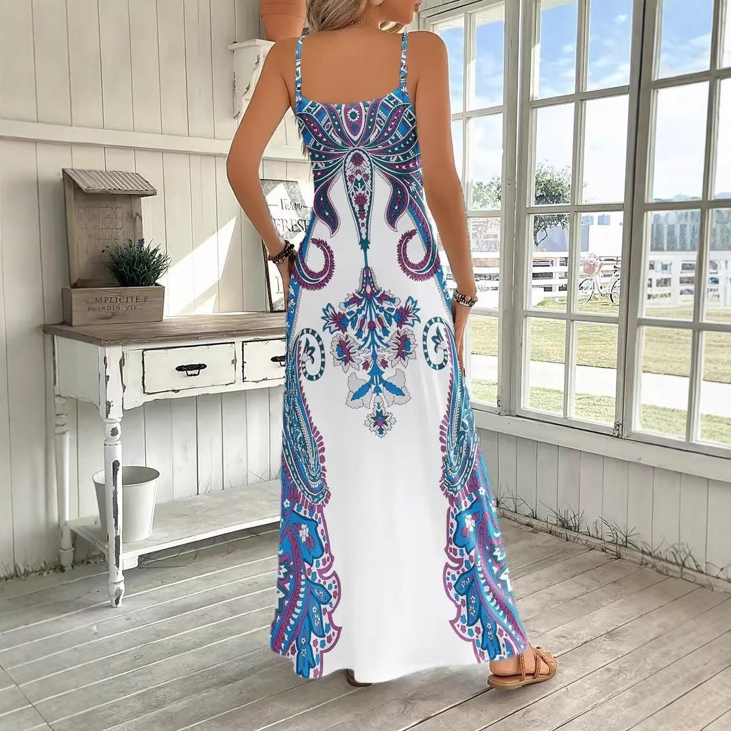 Vestido maxi estampado sin mangas con cuello en V – Vestido retro artístico con tirantes