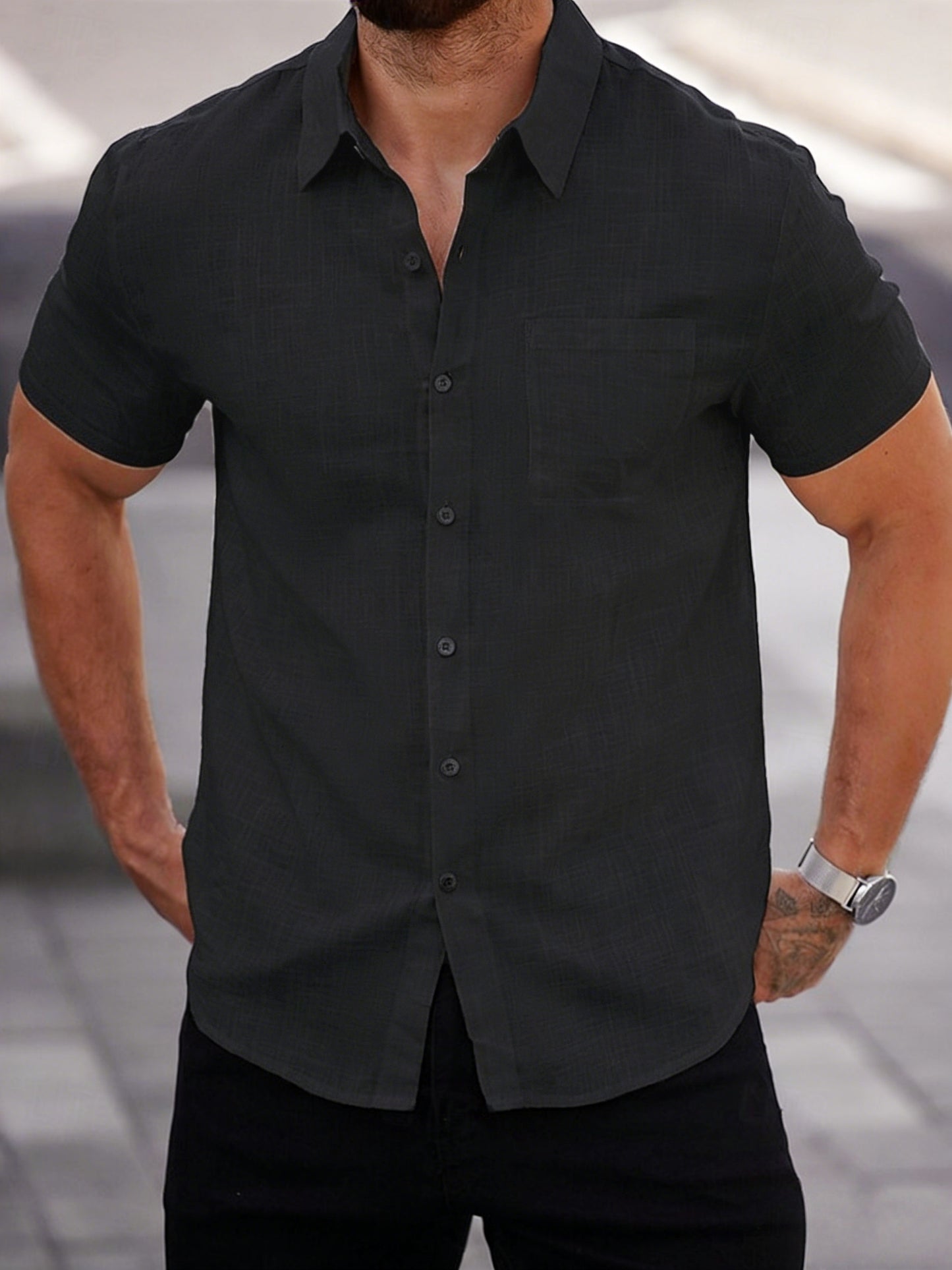 Camisa de manga corta de lyocell ligera para hombre – Abotonada informal de verano