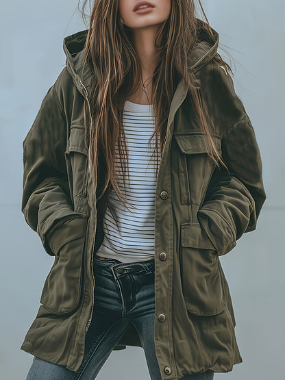 Chaqueta con capucha para mujer de alta resistencia en color verde oliva – Abrigo de trabajo grueso para todas las estaciones