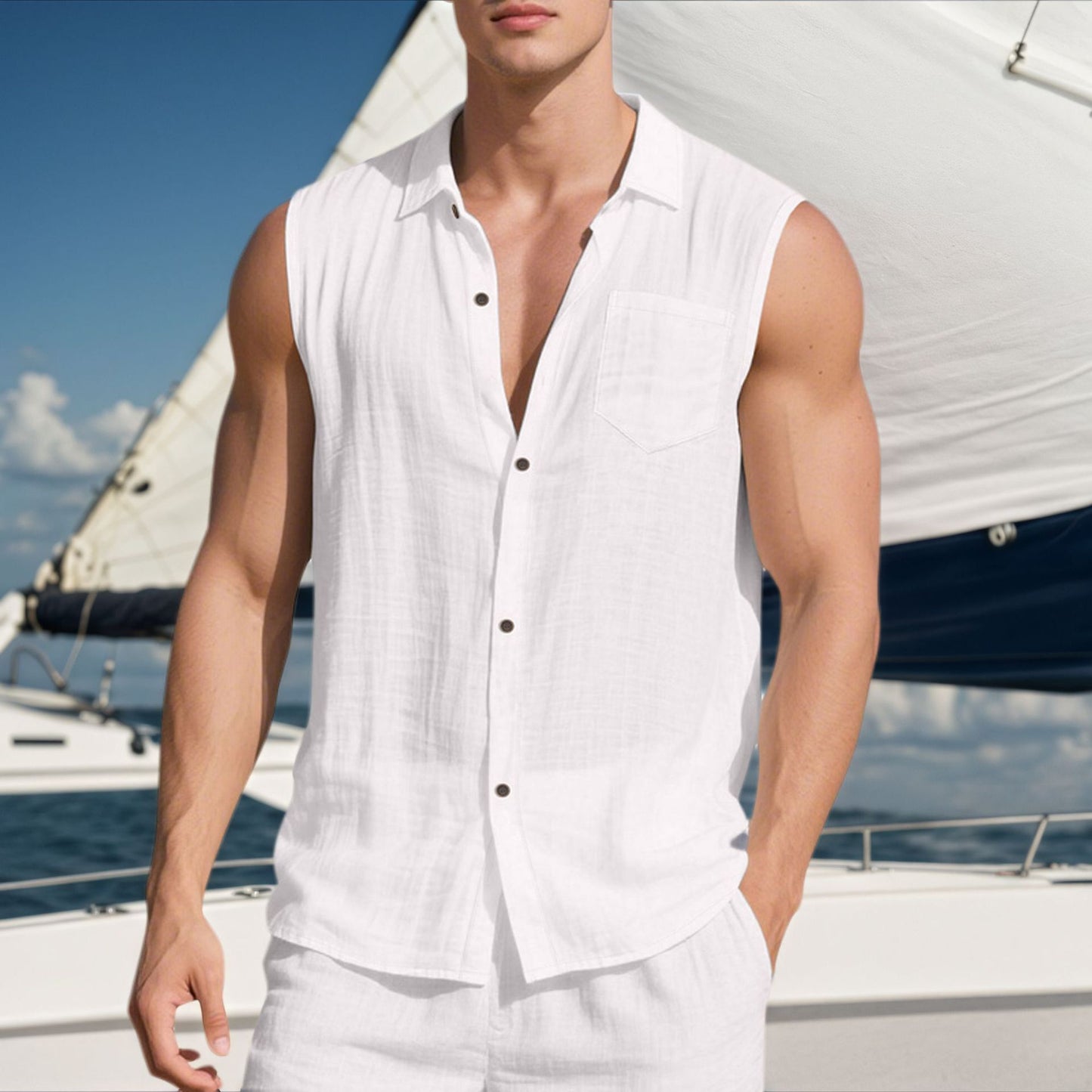 Men’s Linen Sleeveless Shirt – Open Lapel Summer Layer